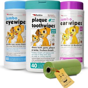 Donny & Dev 【Haustier-Hygiene-Kit】Petkin Haustiertücher für Hunde und Katzen Essentials für die Reinigung von Augen, Ohren und Zähnen, mit grünen Kotbeuteln für Katzenstreu und Hundespaziergänge