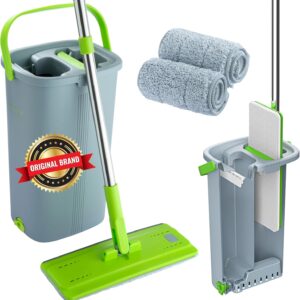 Wischmopp Set mit Eimer, EasyGleam Bodenwischer mit Teleskopstange, Zweikammer Eimer für Nass- und Trockenanwendung mit 2 Mikrofaserpads, Geeignet für Alle Bodenarten
