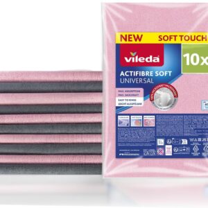 Vileda Actifibre Soft Universal Mikrofasertuch, Reinigungstuch aus 100 Prozent Mikrofaser für streifenfreie Ergebnisse, hohe Saugkraft, ideal für alle glatten Oberflächen, rosa und grau, 10 Stück