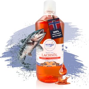 NordicVital Premium Lachsöl Hunde & Katzen 1000ml – 100% Natürliches Fischöl/Fish Oil aus Norwegen Lachs – Reich an Omega 3 & 6 Fettsäuren hochdosiert – Barf Öl abgefüllt in Deutschland