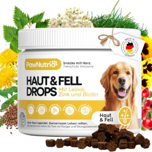 PawNutrio® – Haut & Fell Drops mit Leinöl (Omega 3 & 6) I gegen Juckreiz, Haarausfall & trockene Haut mit Biotin, Bierhefe, Zink & Spirulina I 100% natürlich I ca. 120 STK. I für glänzendes Fell