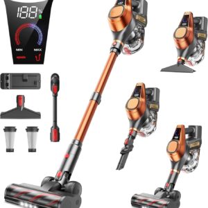 Fieety Akku Staubsauger Kabellos, 550W/45Kpa/60Min Staubsauger Super Leise, Aufrecht Akkusauger Kabellos mit LED-Anzeige/Sofabürste/Anti-Tangle-Bürste für Hartböden, Teppiche (Orange)
