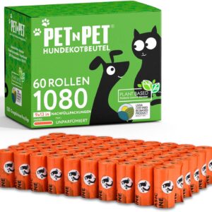PET N PET Hundekotbeutel und Abfallbeutel USDA-zertifiziert 38% biobasierte Kotbeutel für Hunde 1080 Anzahl 60 Rollen 9×13 Zoll Hundekotbeutel, unparfümierte Kotbeutel