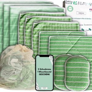 11 Bambus Mikrofasertücher XXL, Auswaschbare Schwämme + Tasche, PREMIUM QUALITÄT, Wischtücher | Reinigungstücher zum Entfernen von Schlieren auf Fenstern, Auto, Edelstahl, Kochfeld, Brillen, Geschirr