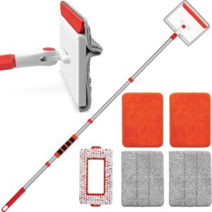 JEHONN Wischmopp Fliesenreiniger Gerät mit Langem Griff 142 cm, Wand und Fußleisten Reiniger, 4-in-1 Fliesen Reinigungsgerät mit 1 Bürste, 2 Chenille, 2 Mikrofaserpads für Fußbodenleiste