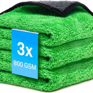 Mikrofasertücher Auto 3 Stück 800 GSM Poliertuch für Autopflege und Haushalt | Microfaser Trockentuch extrem saugstark, fusselfrei und schonend weich Polieren – 30 x 30 cm (3PCS) (Grün, 3 Stück)