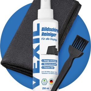 VEXIL® Bildschirmreiniger Spray – speziell für Smartphone, Tablet, Handy, Laptop, Monitor & Fernseher (LED, OLED, QLED, LCD, TFT) Entfernt schonend Fett & Fingerabdrücke – mit Mikrofasertuch & Pinsel