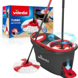 Vileda Turbo Wischmopp Komplett Set, Bodenwischer mit Mikrofaser-Moppkopf, Teleskopstiel (58-123cm), Eimer mit Schleuder und Fußpedal, für alle Böden, nachhaltiges Wischsystem, Eco-Verpackung