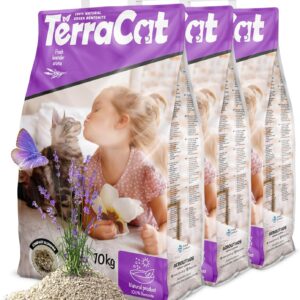 TerraCat katzenstreu, 37.5L – 3er Pack Cat Litter, 100% Griechischer Bentonit Katzenstreu Klumpstreu, Hohe Saugfähigkeit Klumpstreu für Katzen, Staubfrei Katzenstreu Klumpend, Lavendelduft, 30Kg