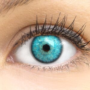 Kontaktlinsen farbig ‚Ibiza Blue‘ ohne Stärke farbige blaue Monatslinsen weiche Linsen soft Hydrogel 2 Stück Farblinsen + Linsenbehälter 0.0 Dioptrien natürliche Farben Serie
