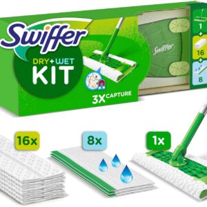Swiffer Bodenwischer Dry & Wet Starter-Set Zum Reinigen Von Hartholz Und Böden, Enthält: 1 Bodenwischer, 16 Trockene Bodentücher, 8 Feuchte Bodentücher