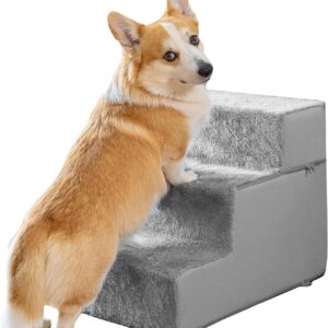 Hundetreppe für kleine Hunde – 3 Stufen Hunde Treppe 43cm hoch – Schaumstoff Hundetreppe Sofa – Sicher und stabil – Abnehmbarer waschbarer Bezug – Anti-Rutsch-Boden – Haustiertreppe Hund Hellgrau
