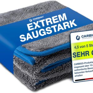 Carbigo® Profi Mikrofasertuch extra groß 90x60cm – Extrem saugstark & weich – Innovative Twisted Microfaser – Fusselfreies Trockentuch zur Reinigung von Auto & Motorrad – 550 GSM Microfasertuch Auto