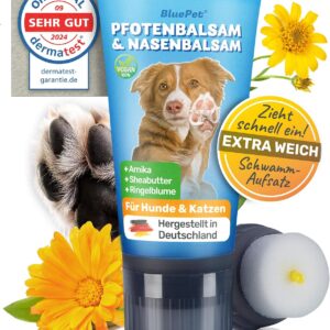 BluePet Pfotenbalsam Hund, Katze – 50ml Schnelleinziehend – Trockene, Rissige Pfoten, Nasen brauchen Hunde Pfotencreme – Heilt, Regeneriert mit Arnika, Ringelblume & Shea – Pfotenpflege Hund