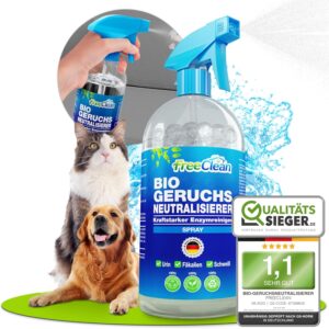 FreeClean® Bio Geruchsneutralisierer Spray 500ml [EXTRA STARK OHNE Chemie] – Enzymreiniger Katzenurin – Hochkonzentrierter Geruchsentferner als Textilerfrischer Spray – Made in DE