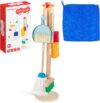 HELLOWOOD Kinder Holz Reiniungs-Set, 8-teilige Haushaltsspielzeug Rollenspiele Set inkl. Besen Mop Kehrblech Bürsten Lappen Handfeger Ständer, Reinigung Spielzeug für Mädchen Jungen Alter 3-6