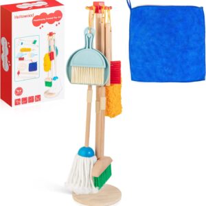 HELLOWOOD Kinder Holz Reiniungs-Set, 8-teilige Haushaltsspielzeug Rollenspiele Set inkl. Besen Mop Kehrblech Bürsten Lappen Handfeger Ständer, Reinigung Spielzeug für Mädchen Jungen Alter 3-6