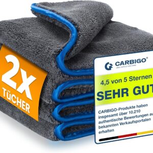 Carbigo® 2X Profi Mikrofasertücher mit 1200 GSM – extrem saugstark & lackschonend Dank weicher Mikrofaser – Ideales Poliertuch zur Reinigung von Auto & Motorrad – 40x40cm