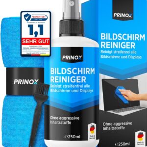 PRINOX Bildschirmreiniger Set 250ml mit Mikrofasertuch und Pinsel – Display Reiniger für Handy, Laptop und TV Displays (LCD, LED, OLED, QLED, TFT) gegen Fettflecken und Fingerabdrücke