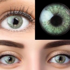 GLAMLENS Keira Green Grün + Behälter | Sehr stark deckende natürliche Grüne Kontaktlinsen farbig | farbige Monatslinsen aus Silikon Hydrogel | 1 Paar (2 Stück) | DIA 14.20 | Ohne Stärke