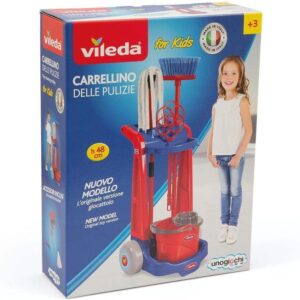 Vileda Kleiner Haushaltswagen für Kinder, Imitationsspielzeug für kleine Helfer, fördert kreatives Spiel, ikonische Nachbildung, mit originalem Zubehör, geeignet für Kinder ab 3 Jahren
