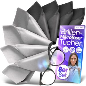 Loco Bird Brillenputztuch Microfaser in Optikerqualität – Brillenputztücher 8er Set – Mikrofasertücher für Brille & Display, Microfasertuch, Brillen Zubehör, Brillentücher in Grau