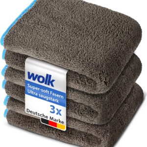 wolk Auto Trockentücher 1200 GSM Mikrofaser – 3 Stück – Farbe: grau/türkis – Maße (BxH): 40,0 x 40,0 cm – Saugstark – Kratzfrei – Fusselfrei – Extra groß – PKW – Motorrad