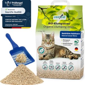 COSYCAT Klumpendes Bio-Katzenstreu aus Holz [100% Natürlich] – in der Toilette entsorgbar – Klumpstreu pflanzlich – Holzstreu (FEIN, 10 l (1 x 10 l))