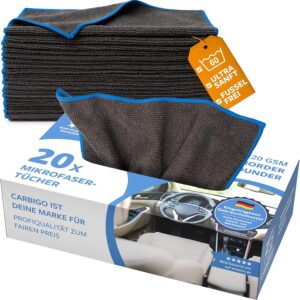 Carbigo® Box mit 20x Profi Mikrofasertücher – Saugstarke Auto Reinigungstücher Dank weicher Mikrofaser – Praktische Microfasertücher für Auto und Haushalt – Mikrofasertücher Auto 25x25cm (220 GSM)