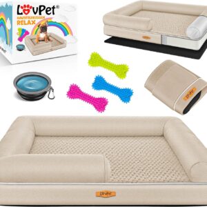 Lovpet® Orthopädisches Hundebett Hundekissen Hundekorb Relax, Inkl. Napf + 3X Kauknochen, Hundesofa für Kleine, Mittelgroße & Große Hunde, Bezug abnehmbar und waschbar, 106x80x22cm Beige