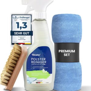 Treufix – Polsterreiniger & Teppichreiniger für Autositze, Sofa & Couch [Profi SET inkl. Polsterbürste & Mikrofasertuch] Effektiver Sofa Reiniger für maximale Sauberkeit 500 ml – Made in DE