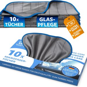 Carbigo® Box 10x Mikrofaser Glastücher – Microfasertuch Glas für streifenfreie Reinigung von Scheiben, Fenster, Gläser – Kristallklare Autoscheiben – Perfekte Microfaser Glastücher 25x25cm (400 GSM)