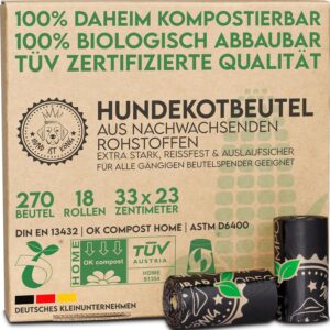 HUND IST KÖNIG® Hundekotbeutel biologisch abbaubar [270 Stk.] 100% kompostierbare Kotbeutel für Hunde biologisch abbaubar – Reißfeste Hunde Kotbeutel Rollen | Hunde Beutel blickdicht