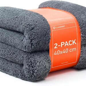 Luxshield Microfasertuch 2er Set für Auto zum Trocknen, Premium Trockentuch 1200 GSM, Autopflege Poliertuch aus Mikrofaser, 40 x 40, grau
