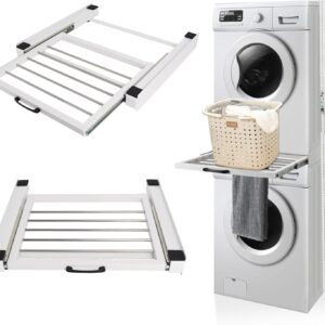 Zwischenbaurahmen Waschmaschine Trockner, 60cm Stapelbausatz/Verbindungsrahmen für Waschmaschine und Wäschetrockner mit Ausziehbarer Handtuchhalter aus Stahl mit Ratschenseil(Weiß)