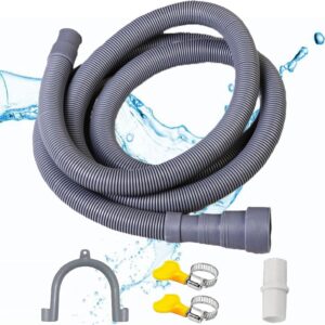 Kiuiom Waschmaschinenschlauch, 1.5m mit Ablaufschlauchanschluss Haken und Schlauchschelle, Universell für Waschmaschinen, Geschirrspüler, Trockner und Waschtrockner, PVC, Grau