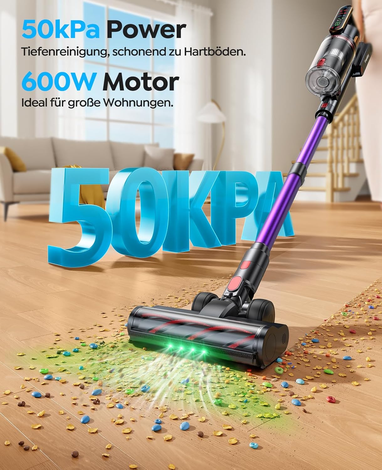 Fieety Battery Vacuum Cleaner 600 W/50 kPa/65 Min, Wireless Vacuum Cleaner with Animal Care Brush, 1 m Hose, Wall Charging Station, 8-Layer Filtration Aromatherapy Ultrasound for Pet Hair, Carpet, Hard Floors, Car – Bild 2