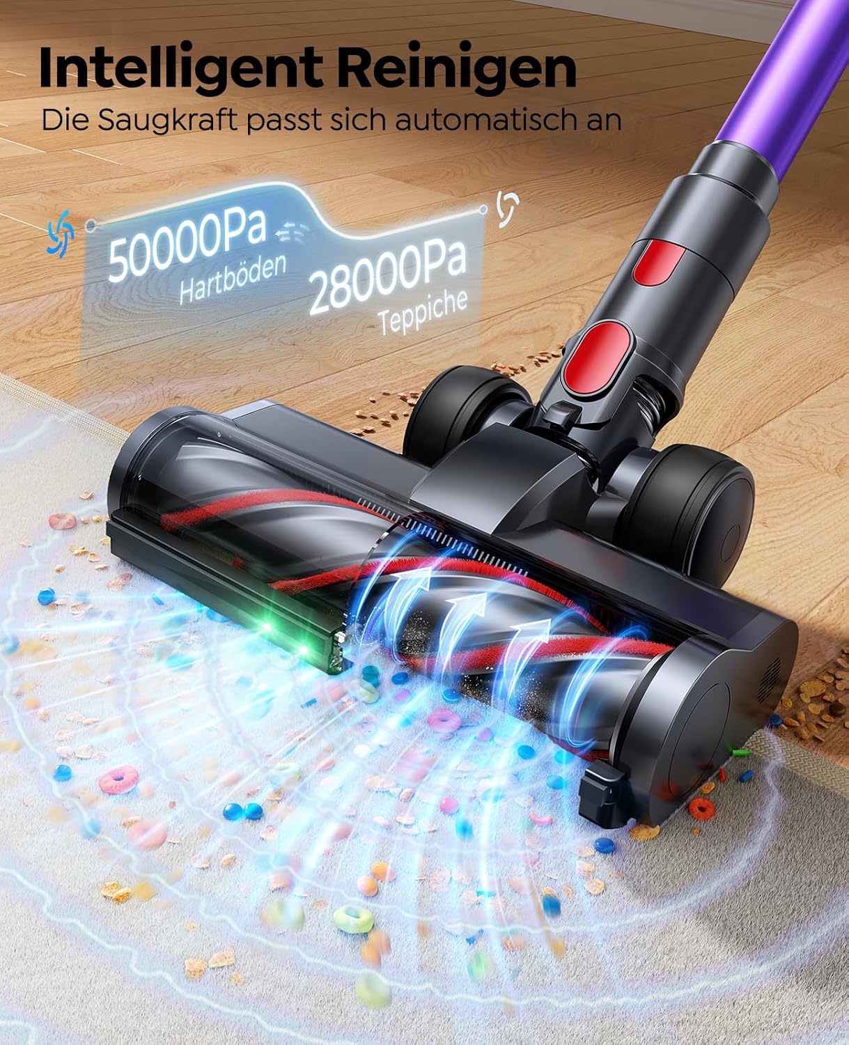 Fieety Battery Vacuum Cleaner 600 W/50 kPa/65 Min, Wireless Vacuum Cleaner with Animal Care Brush, 1 m Hose, Wall Charging Station, 8-Layer Filtration Aromatherapy Ultrasound for Pet Hair, Carpet, Hard Floors, Car – Bild 6