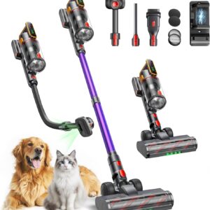Fieety Battery Vacuum Cleaner 600 W/50 kPa/65 Min, Wireless Vacuum Cleaner with Animal Care Brush, 1 m Hose, Wall Charging Station, 8-Layer Filtration Aromatherapy Ultrasound for Pet Hair, Carpet, Hard Floors, Car