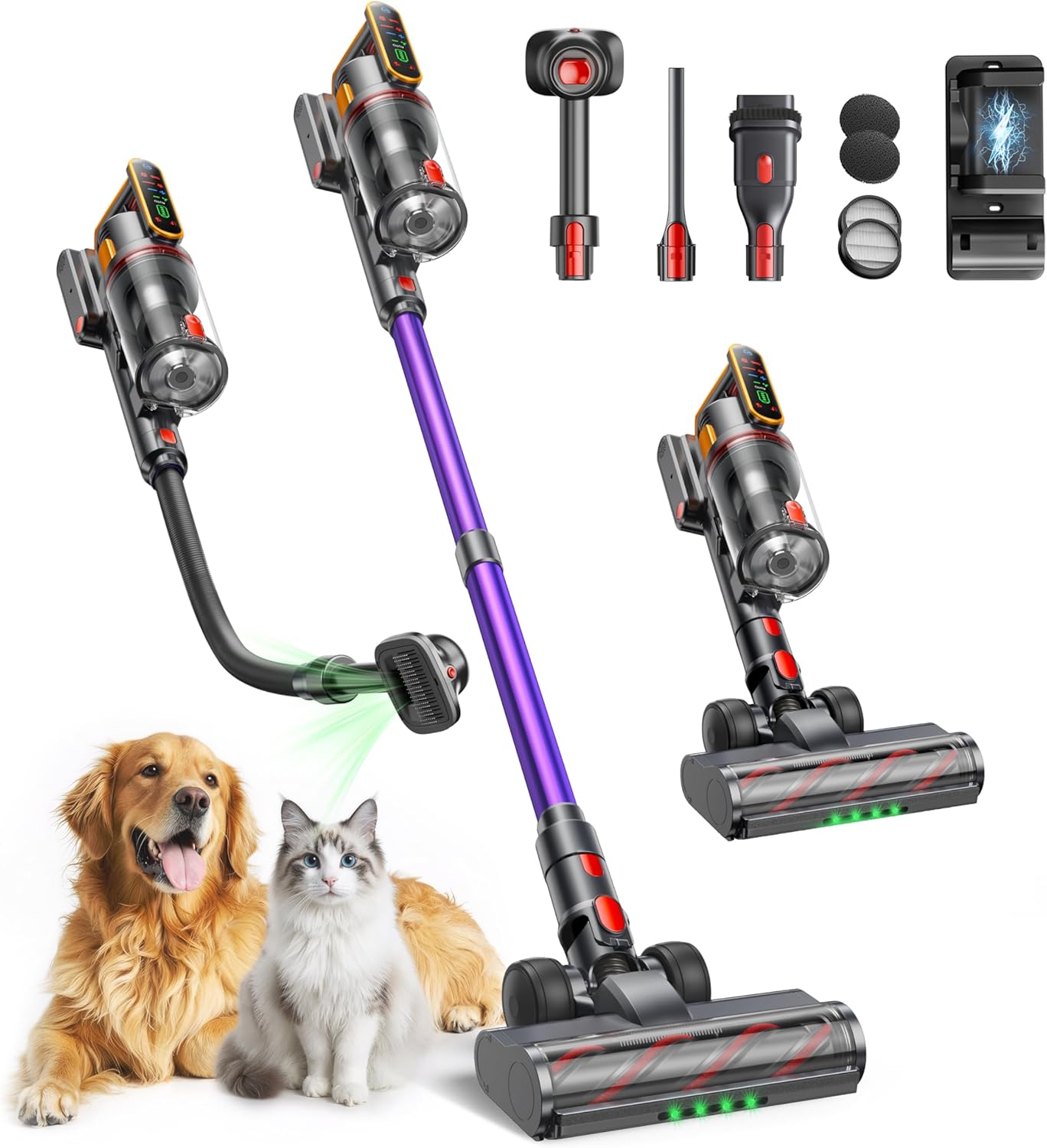 Fieety Battery Vacuum Cleaner 600 W/50 kPa/65 Min, Wireless Vacuum Cleaner with Animal Care Brush, 1 m Hose, Wall Charging Station, 8-Layer Filtration Aromatherapy Ultrasound for Pet Hair, Carpet, Hard Floors, Car