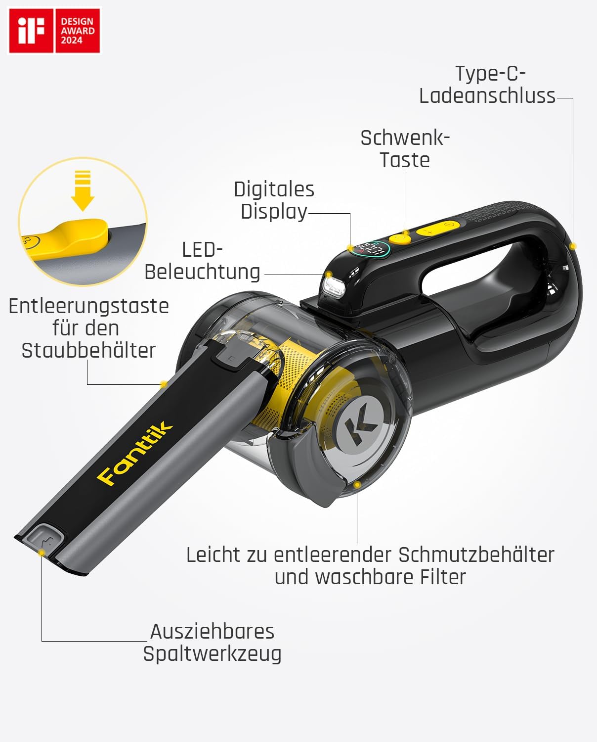 Fanttik Fold V10 APEX Pivot Cordless Handheld Vacuum Cleaner, 17,000 Pa Suction Power, Smart LED Display, Car Vacuum Cleaner for Car & Household, Equipped with Flex Hose, Pet Hair Brush and Other – Bild 2