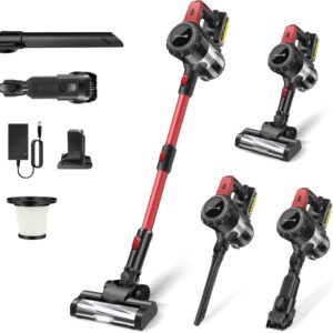 Battery Vacuum Cleaner, Cordless Stick Vacuum Cleaner with Anti-Tangle Brush, 99.999% Filter Performance, Battery Car Vacuum Cleaner, 80 Minutes Running Time for All Floors (Red, Battery Not Removable)