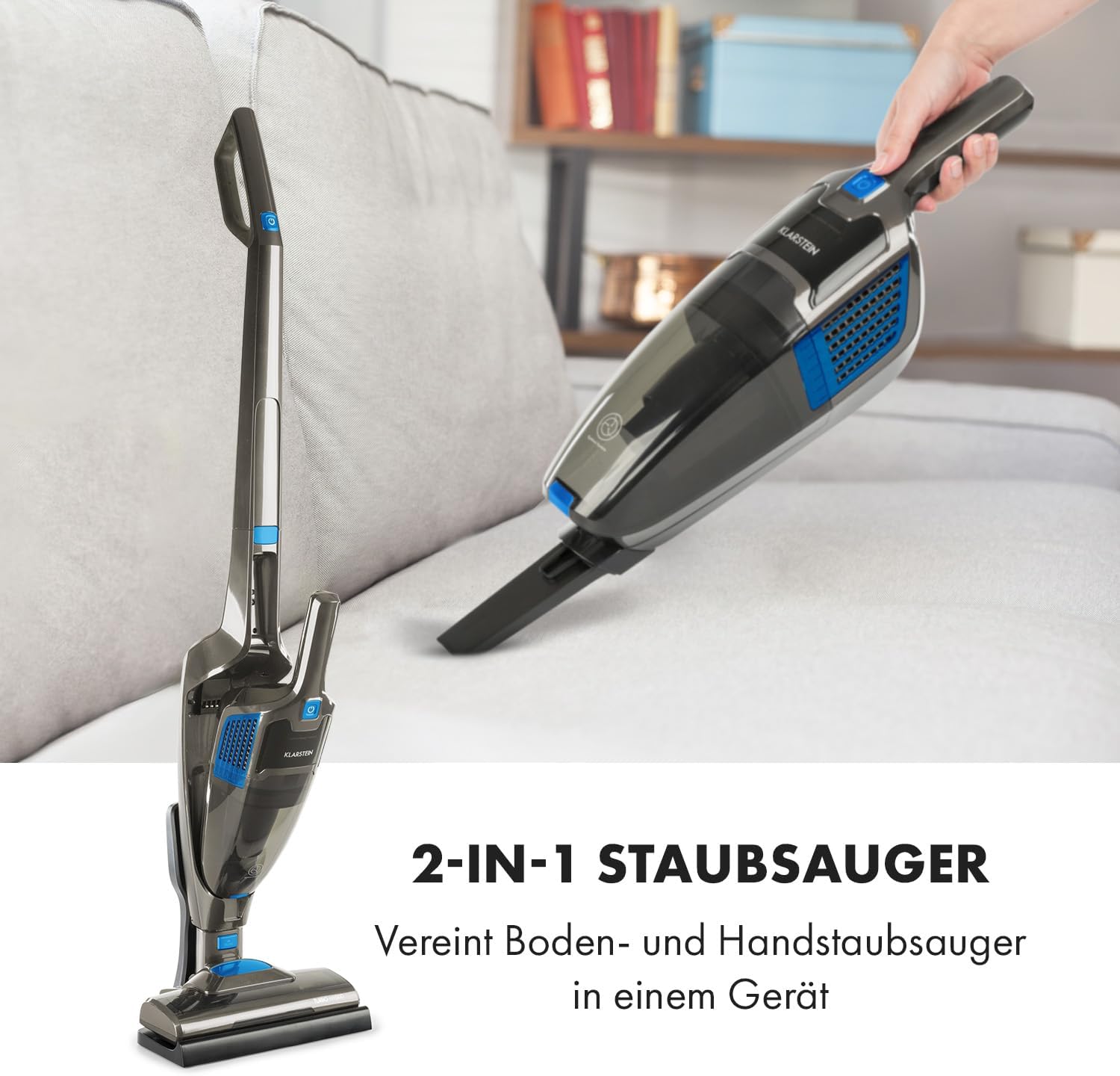 Klarstein TurboHybrid Cyclone Vacuum Cleaner, Battery Vacuum Cleaner, Wireless for 50 Minutes Operating Time (2 Suction Levels, Handheld Vacuum Cleaner, Space-Saving, Li-Ion Anthracite-Blue – Bild 6
