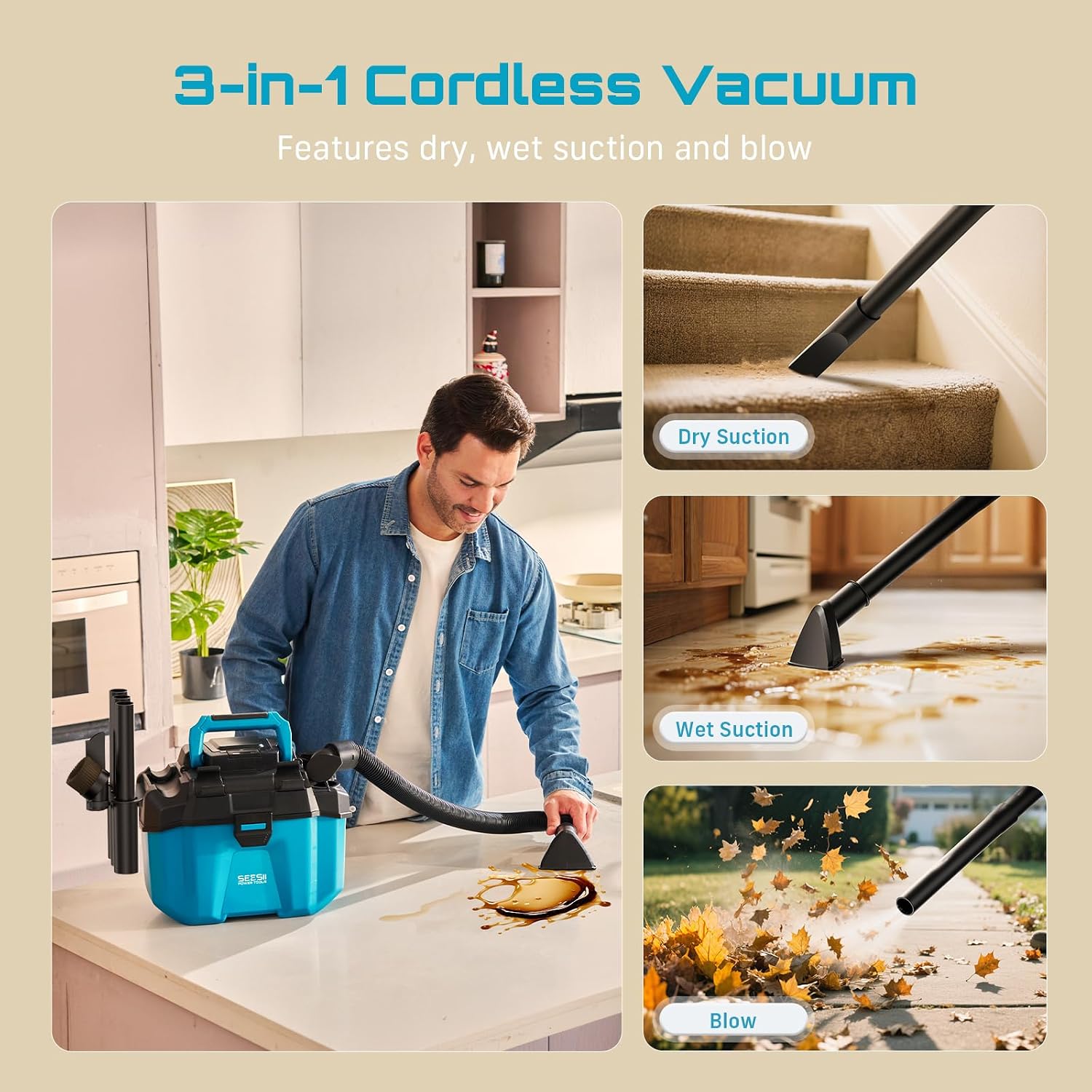 Seesii Battery Wet and Dry Vacuum Cleaner, 3-in-1 Workshop Vacuum Cleaner with Blower, 10L 2-Speed Wet & Dry Vacuum Cleaner with Shoulder Strap, 4 Wheels and Attachments, Ideal for Workshop/Car – Bild 6