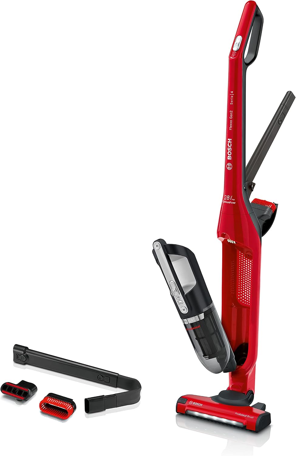 BOSCH BBH3ZOO28 Flexxo Zoo'o 2-in-1 Cordless and Multifunctional Broom Vacuum Cleaner - 2 Speeds - 28 V - 55 Minutes Running Time - Red