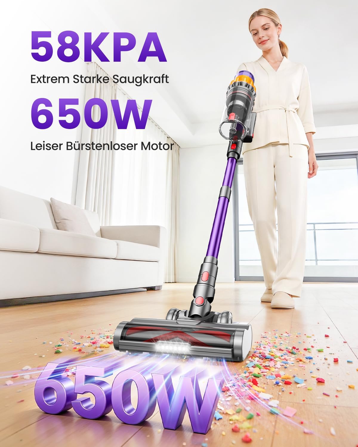 V17Max Battery Vacuum Cleaner for Pet Hair, 2 Batteries, 150 min Running Time, 58 KPa, 650 W Strong Suction Power, Anti-Tangle Brush, Self-Standing, Lightweight Wireless for Home, Dogs and Cats – Bild 3