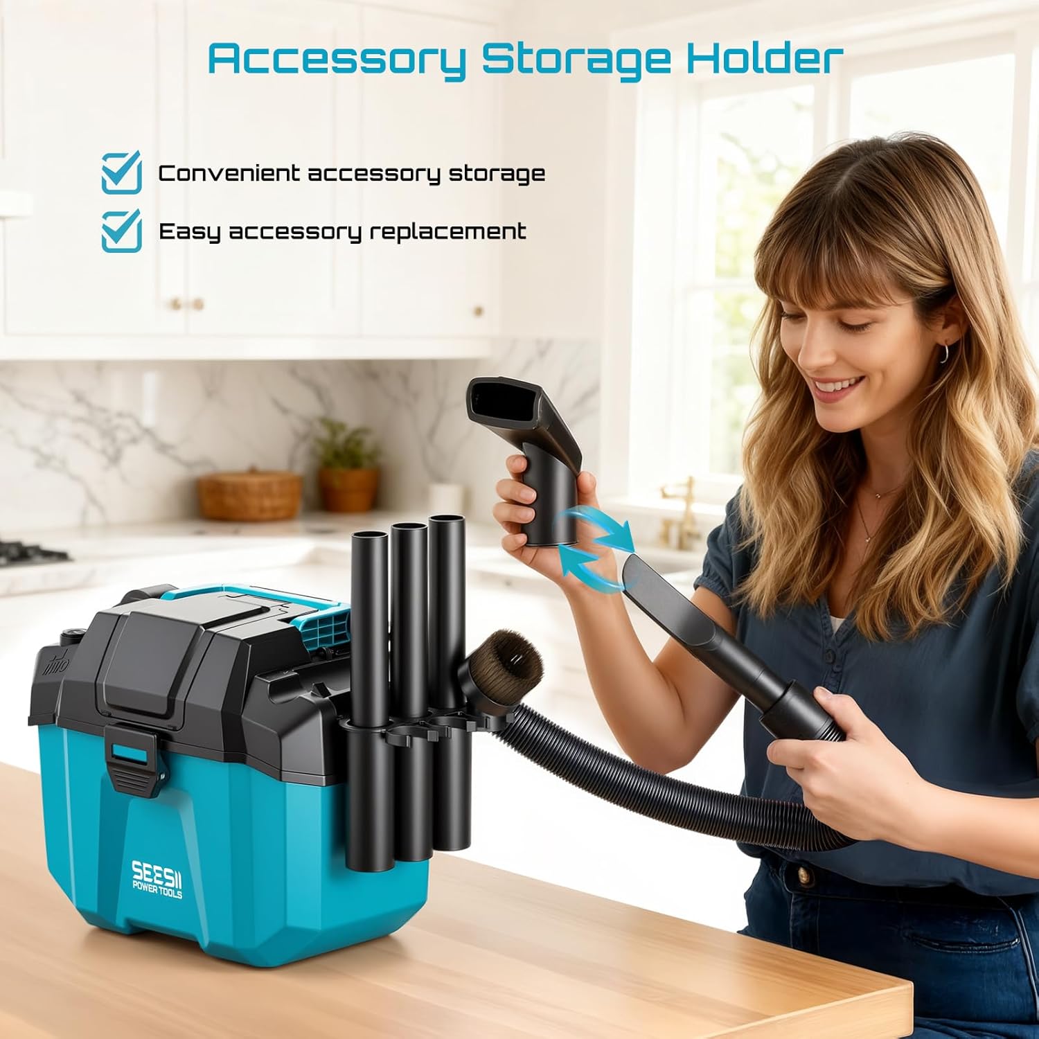 Seesii Battery Wet and Dry Vacuum Cleaner, 3-in-1 Workshop Vacuum Cleaner with Blower, 10L 2-Speed Wet & Dry Vacuum Cleaner with Shoulder Strap, 4 Wheels and Attachments, Ideal for Workshop/Car – Bild 2