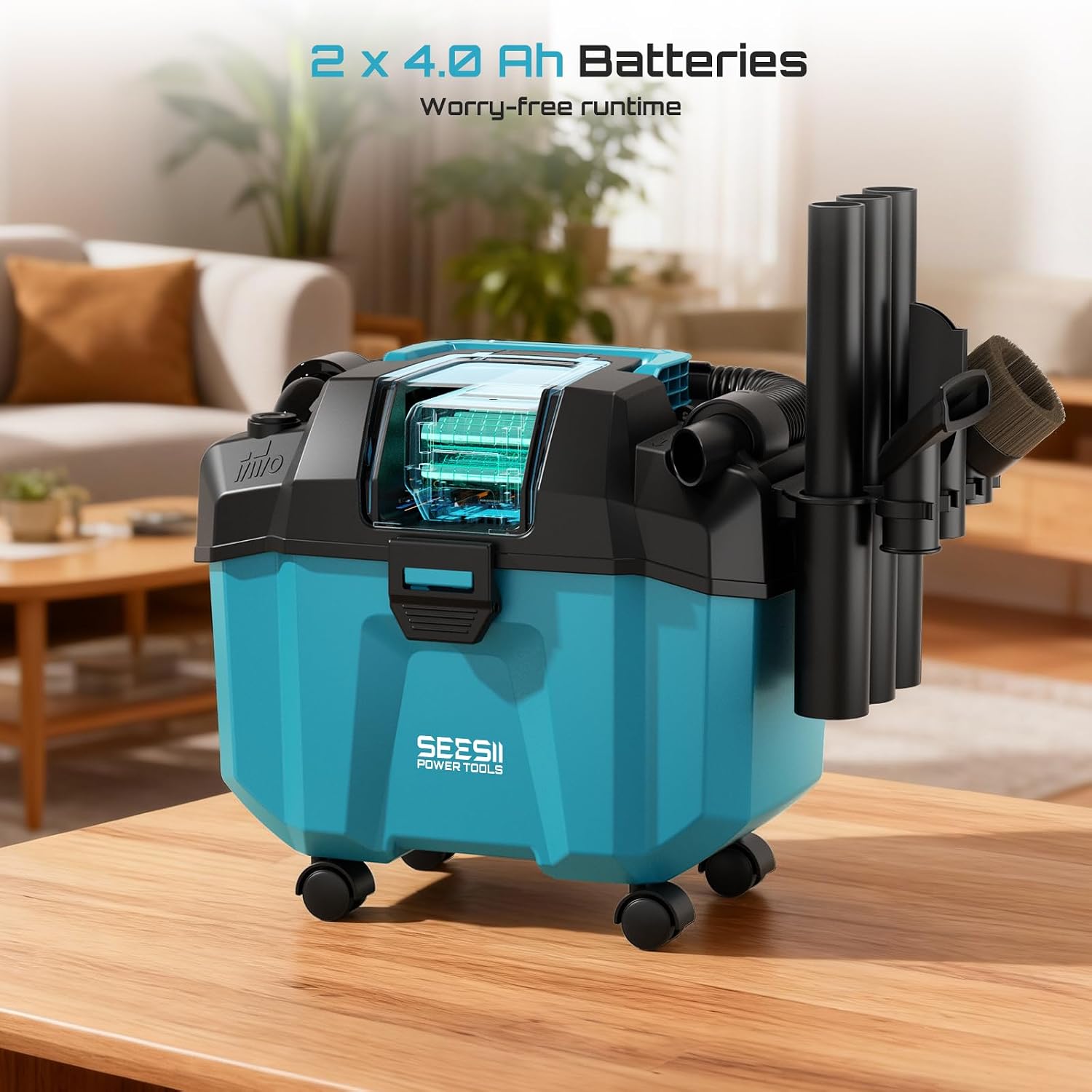 Seesii Battery Wet and Dry Vacuum Cleaner, 3-in-1 Workshop Vacuum Cleaner with Blower, 10L 2-Speed Wet & Dry Vacuum Cleaner with Shoulder Strap, 4 Wheels and Attachments, Ideal for Workshop/Car – Bild 5