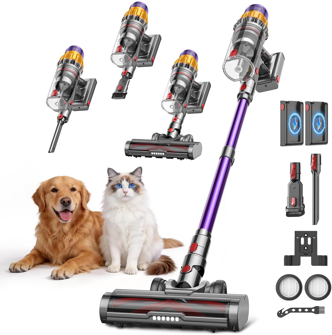 V17Max Battery Vacuum Cleaner for Pet Hair, 2 Batteries, 150 min Running Time, 58 KPa, 650 W Strong Suction Power, Anti-Tangle Brush, Self-Standing, Lightweight Wireless for Home, Dogs and Cats