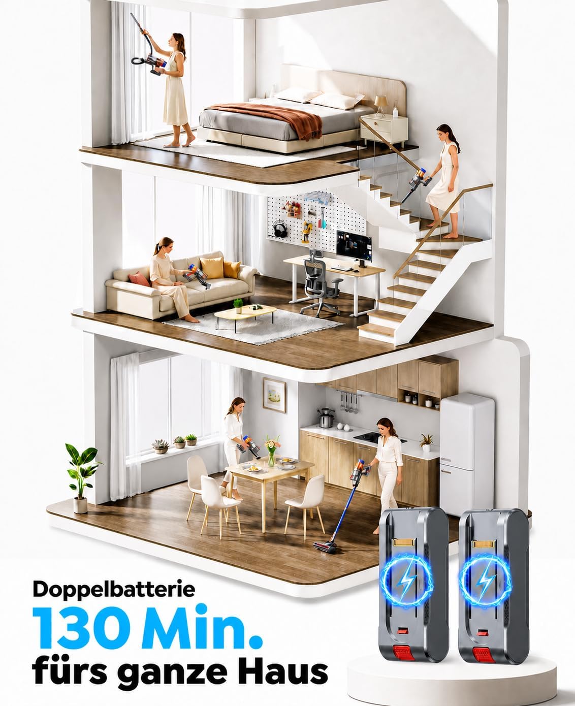 Fieety 130 Min/50 kPa/600 W Cordless Vacuum Cleaner with 2 Batteries – Bild 2